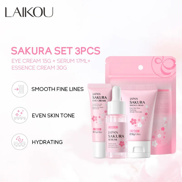 3pcs/set LAIKOU Vitamin C 24K Golden Sakura Skin Care Sets Face Cream Serum Eye Cream.