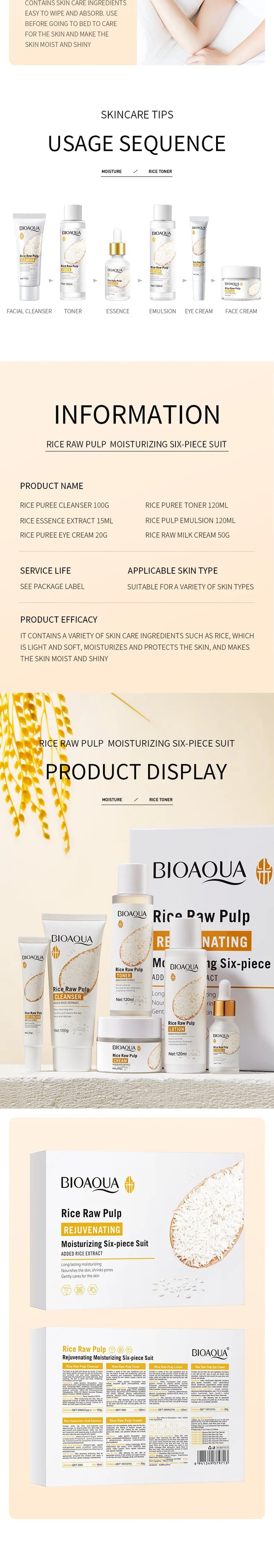 6pcs/set BIOAQUA Rice Raw Pulp Skin Care Sets Face Cream