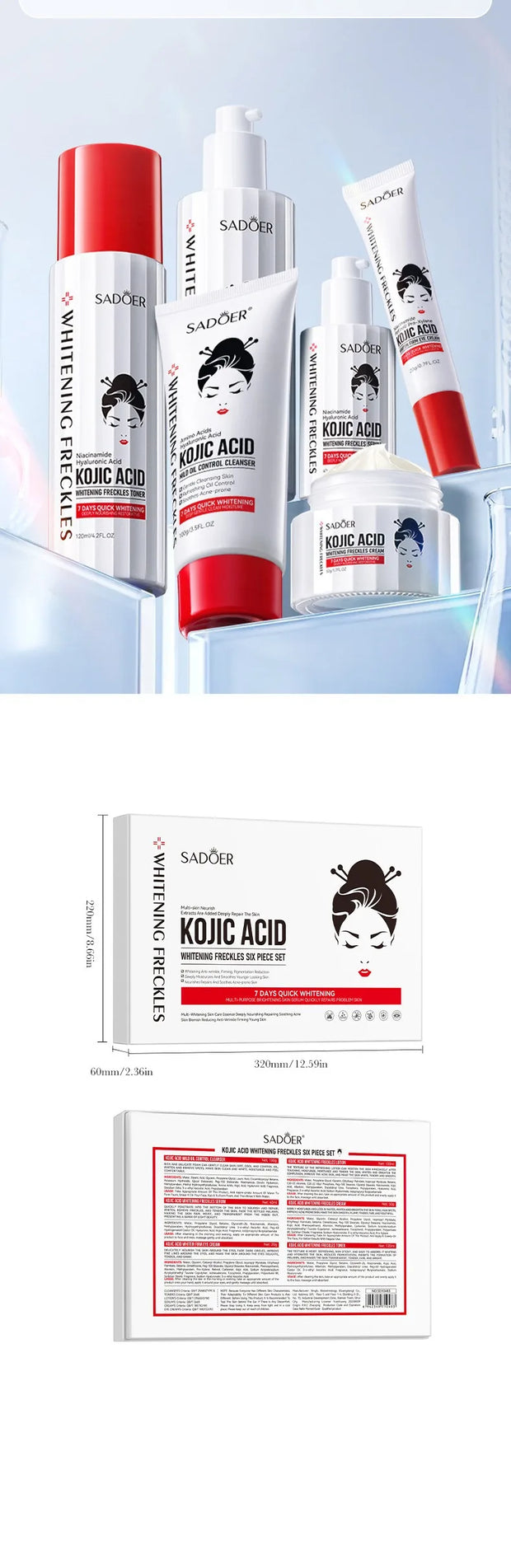 Kojic Acid Whitening Skin Care Set Cleanser Toner Serum Eye Cream Face Cream.