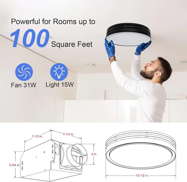 Bathroom Exhaust Fan with Light, 110CFM, 2.0 Sones Bathroom Fan for Ceiling