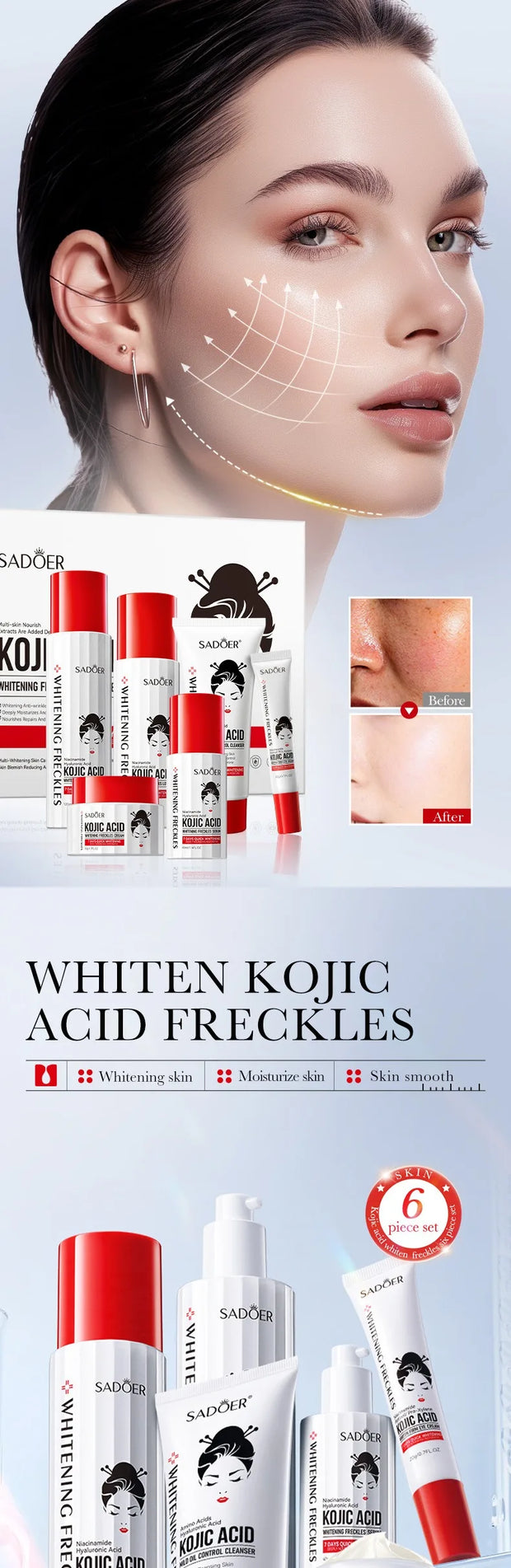 Kojic Acid Whitening Skin Care Set Cleanser Toner Serum Eye Cream Face Cream.